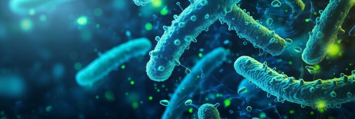 A highly detailed microscopic view of a virus with complex green surface structures, surrounded by glowing particles in a biological setting