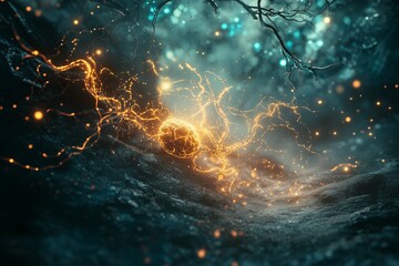 A biological neural structure with electric signals radiating from a central glowing core in a mysterious, organic environment