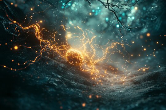 A biological neural structure with electric signals radiating from a central glowing core in a mysterious, organic environment