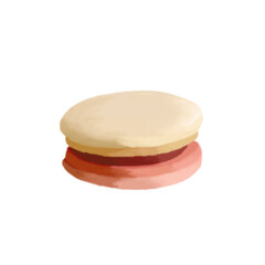 A digitally painted illustration of a vanilla macaron with a creamy red velvet flavor  filling, set against a clean white background. 