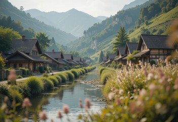 Fototapeta premium Picturesque Village Along Canal in Valley with Mountains and Lush Vegetation