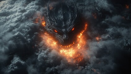 Fiery Dragon Emerging from Volcanic Clouds: Epic Fantasy Creature in a Dramatic Scene