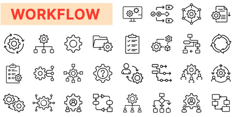 Workflow and Process Management Line Icons Set – Automation, Task Flow, Project Planning, Business Process, Gears, Checklists, Flowcharts, Productivity Optimization