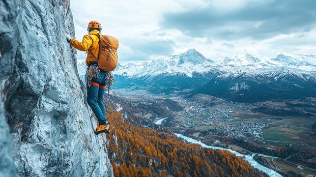 Climber ascending a steep rock face overlooking a valley.