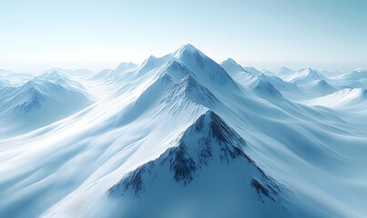 Crisp and Serene: Majestic Snow-Covered Mountain Range Under a Pale Blue Sky