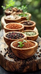 Assortment of colorful spices in wooden bowls arranged on a rustic wooden board. A vibrant and flavorful image perfect for culinary themes.