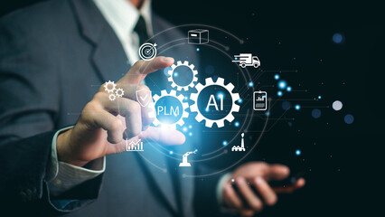 PLM Program lifecycle management application development technology concept. Hand interaction with virtual PLM interface.