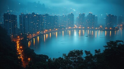 Fototapeta premium Night cityscape reflecting on calm water, misty atmosphere.