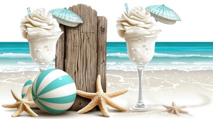 Refreshing Summer Cocktails with Beach Decor and Tropical Elements on Sandy Shoreline