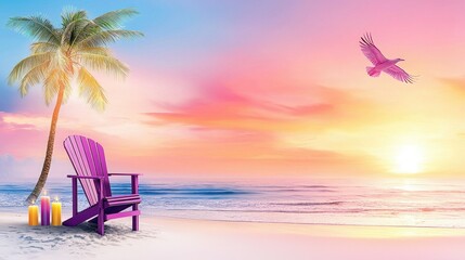 Serene Beach Sunset with Palm Tree, Vibrant Chair, and Soothing Ocean View