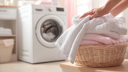 Woman folding fresh towels in laundry room with washing machine and wicker basket