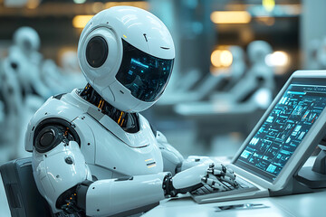 Advanced humanoid robot working on a computer in a futuristic environment, symbolizing artificial intelligence, automation, and the future of technology