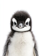 Fototapeta premium Adorable close-up portrait of a fluffy penguin chick against white backdrop