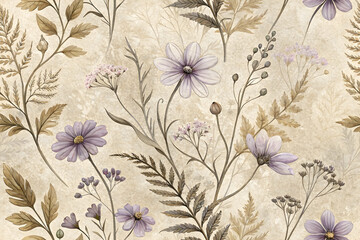 Rustic Botanical Vintage Background with Aged Paper Texture and Delicate Wildflowers