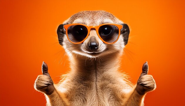 a stylish meerkat wearing sunglasses gives a thumbs up against a vibrant orange background perfect for fun and quirky themes