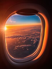 Fototapeta premium Sunset Flight: Aerial View from Airplane Window.