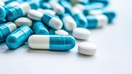 A pile of blue and white medical pills on a plain background, with some scattered to the side with copy space.