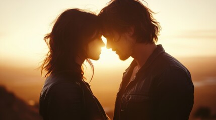 A realistic, emotional image showing a couple standing on a hill during the golden hour. The couple looks deeply into each other's eyes, with soft sunlight creating a warm glow around them.