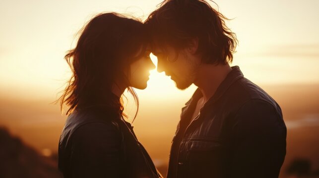 A realistic, emotional image showing a couple standing on a hill during the golden hour. The couple looks deeply into each other's eyes, with soft sunlight creating a warm glow around them.