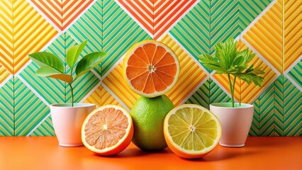 Vibrant citrus halves and potted plants arranged against a geometrically patterned backdrop create a visually appealing and refreshing still life.