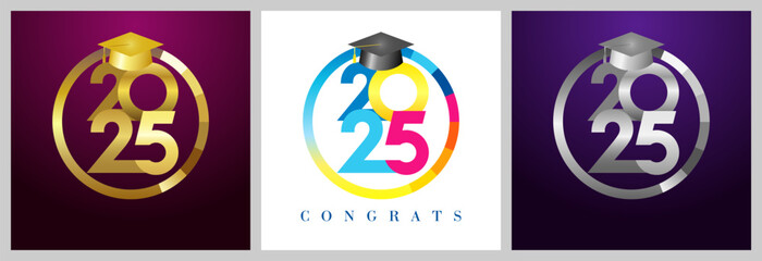 Set of awarded round symbols. Educational winner 2025 medal design. Golden, silver and colourful concept. Graduating congrats. Class of 2025 graduation badge template. Isolated advertising web button.