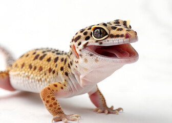 Naklejka premium A close-up of a smiling leopard gecko with distinctive spots and bright eyes