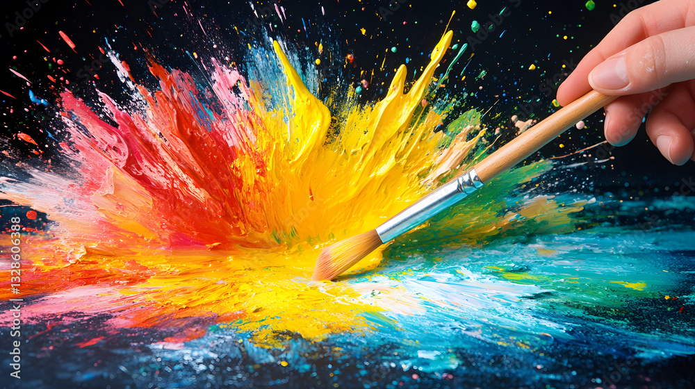 Poster A vibrant explosion of color created by a paintbrush, showcasing a dynamic blend of hues against a dark background