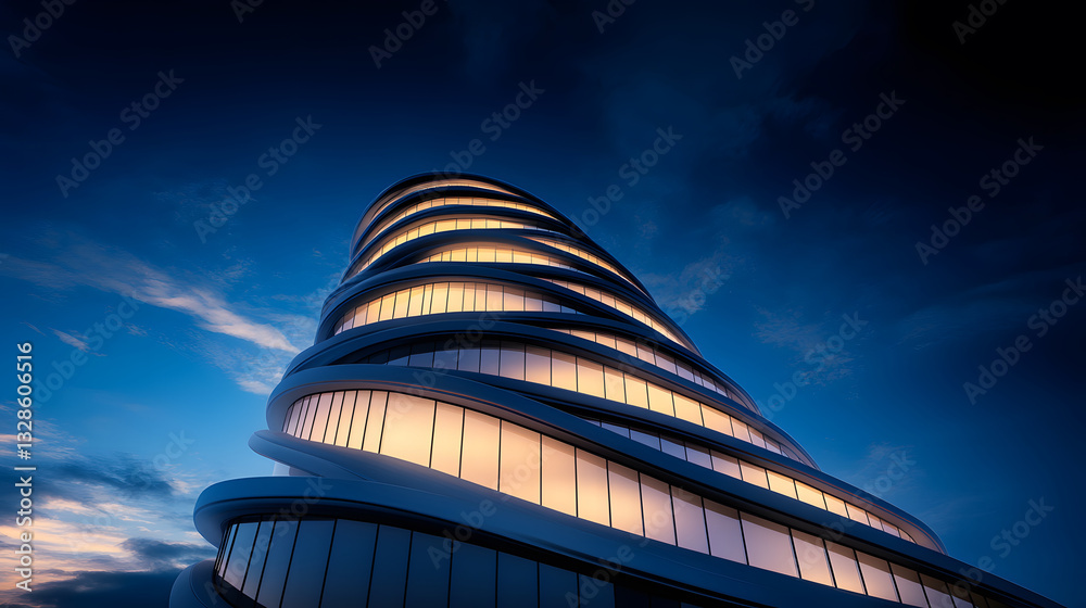Poster A modern, curved building illuminated under a twilight sky, showcasing innovative architecture and sleek design elements