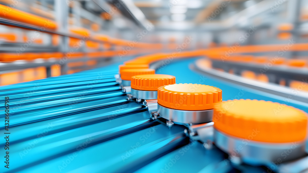 Poster a vibrant conveyor belt system with bright orange caps, showcasing advanced industrial automation an