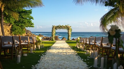 Naklejka premium White flower petals forming an aisle lead to a stunning floral archway with breathtaking ocean views, creating a romantic atmosphere for an unforgettable wedding ceremony