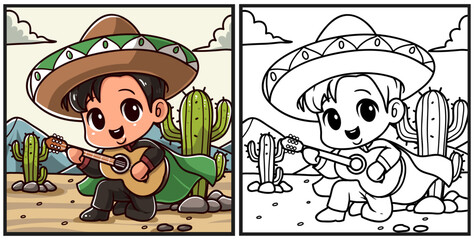Happy Mexican kids playing guitar coloring page illustration