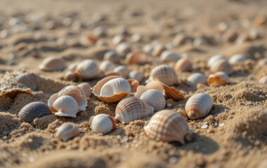 Seashells Scattered on Sandy Beach in Warm Sunlight Summer Day