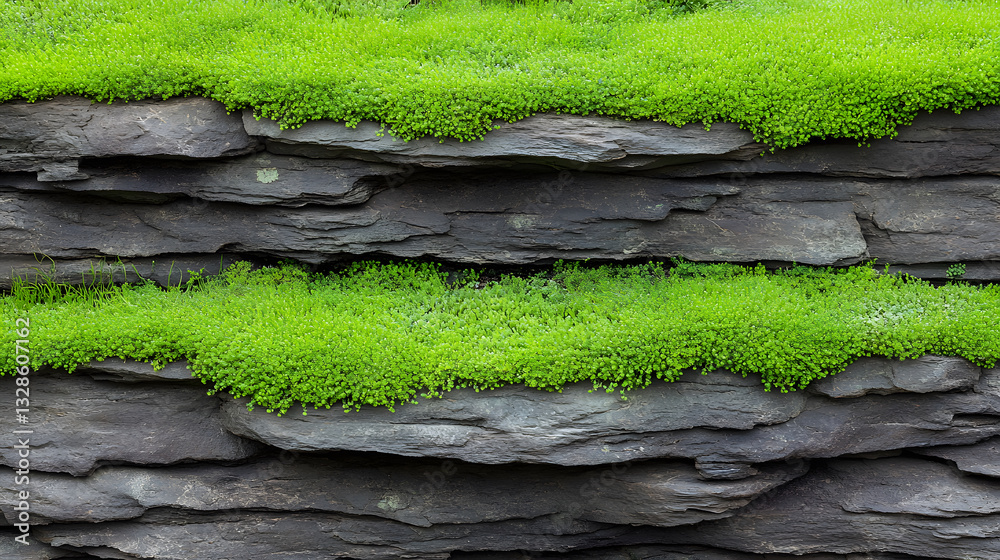 Poster a close-up view of green grass growing on textured stone layers, showcasing a natural and harmonious