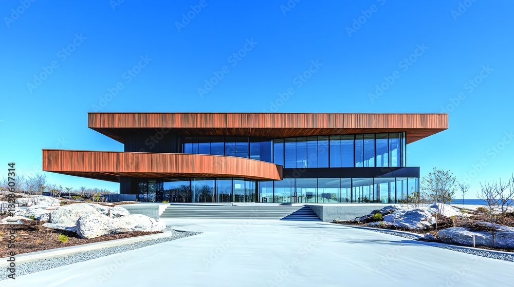 Poster a modern architectural building with a unique design, featuring large glass panels and a wooden over