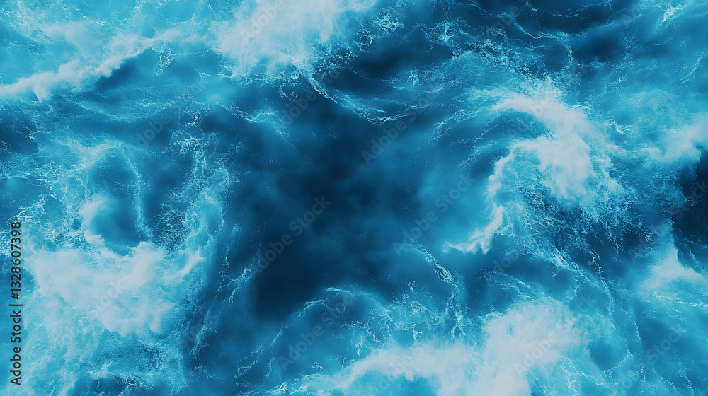 Poster a dynamic view of turbulent ocean water, showcasing deep blue hues and frothy white waves, creating 