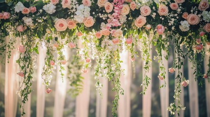 Delicate pink, white roses cascading over wedding arch, soft sunlight illuminating floral arrangement, creating romantic wedding ceremony backdrop