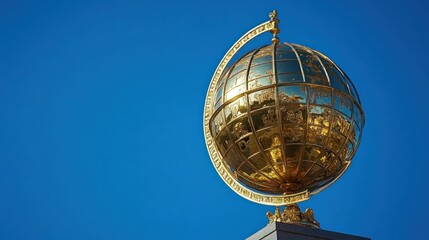 Golden globe on a stand against a clear blue sky.