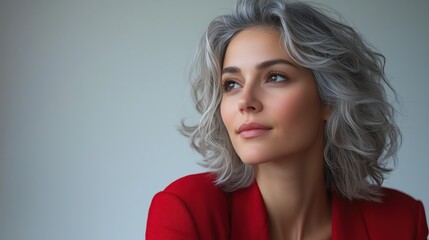 Fototapeta premium Elegant woman with short silver hair in red blazer portrait, calm expression, natural makeup, studio setting, professional appearance, fashion focus, lifestyle
