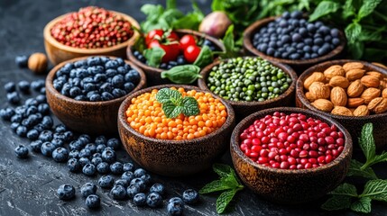 Fototapeta premium Assorted colorful superfoods in bowls.