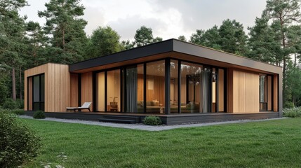 Fototapeta premium Wooden home nestled amid pine trees, sunset rays streaming through expansive windows, radiating warmth and tranquil architectural harmony