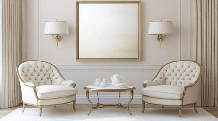 Elegant cream armchairs with gold accents flank a small round table, set against a backdrop of off white walls, ornate moldings, and soft lighting. A large gold frame hangs above.