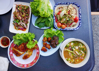 Thai north eastern food, Spicy food set on table