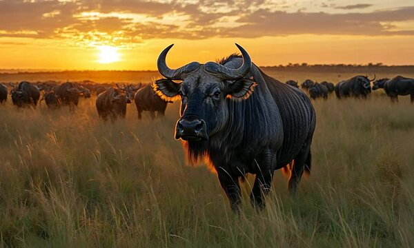 A herd of buffaloes grazing at sunset in a golden savannah landscape, showcasing nature's beauty