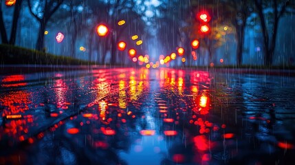 Fototapeta premium Rainy night street, bokeh lights reflections.