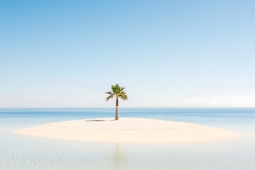 Lone Palm Tree On Sandbar in Clear Ocean; Calm Blue Horizon. Travel or relaxation
