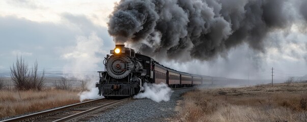 A vintage steam locomotive billows smoke as it travels along a rural track, surrounded by an open landscape under a cloudy sky.