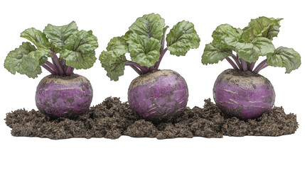 Freshly harvested purple turnips with green leaves
