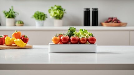 Fresh Vegetables in Modern Kitchen Setting Tomatoes Broccoli and Peppers on White Tray