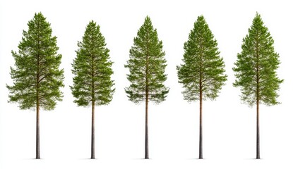 Fototapeta premium Five identical pine trees isolated on a white background. The trees are tall and slender with lush green needles and light brown trunks.