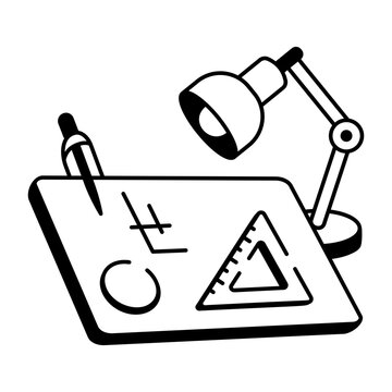 A doodle style icon of drafting table with a lamp 
